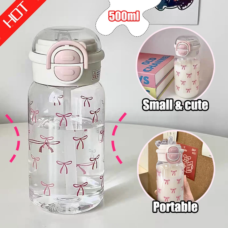 Bowknot Pattern Water Bottle, 1 Count 500ML Cute Water Bottle with Straw, Drinking Cup for Home Office School Outdoor, Tumbler