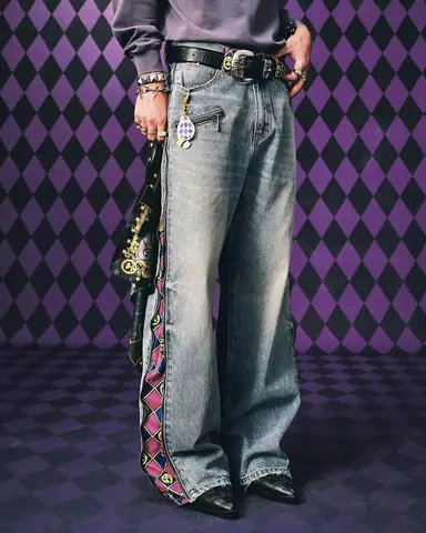 JoJo Anime Zip Off Panel Jeans Men Women High Waist Wide Leg Detachable Print Denim Pants Purple Gold Patchwork Straight Jeans