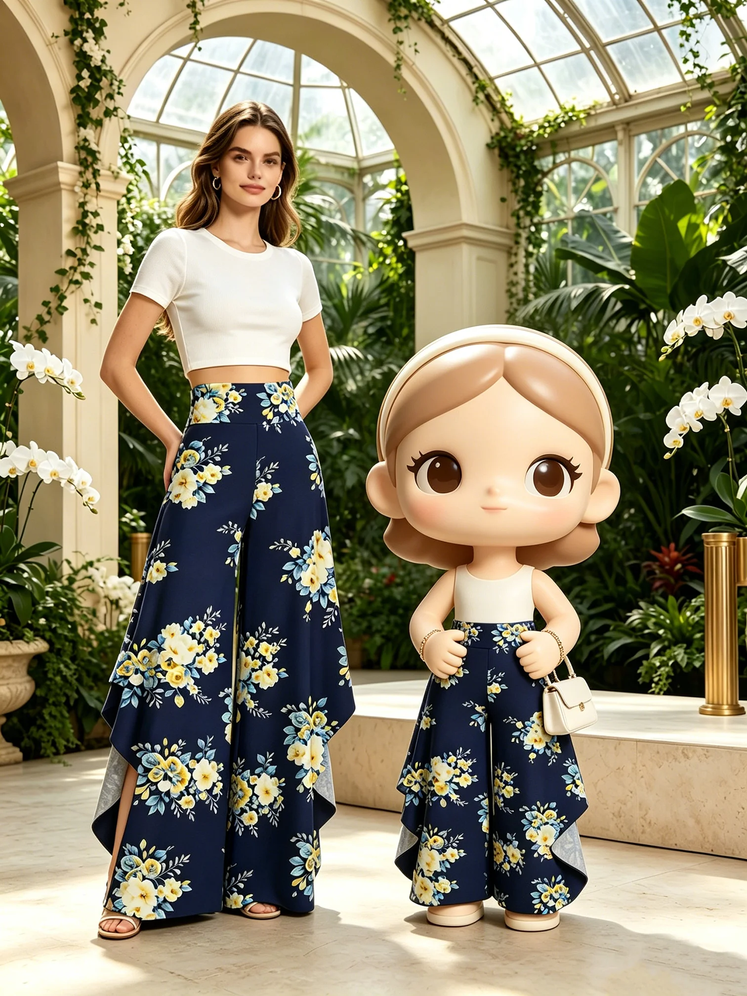 Women's High Waist Wide Leg Pants Casual Comfortable Elastic Waistband Flower Print Loose Fit Trousers