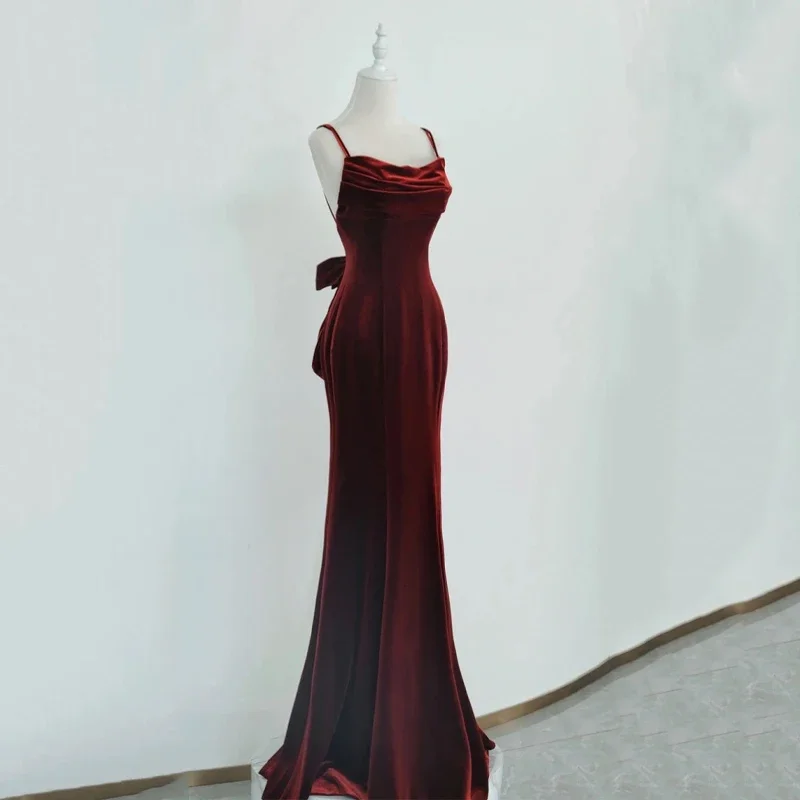 Evening Dress Burgundy Velvet Pleat Spaghetti Strap Sexy Backless Mermaid Floor Length Trumpet Plus size Women party Formal Gown