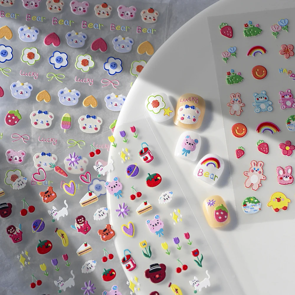 1 pçs dos desenhos animados urso flor arte do prego adesivos colorido morango cereja doce decalques de unhas para crianças auto adesivo decoração do prego slider