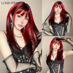 Ombre Red Black Cosplay Wigs for Women Long Straight Layered Synthetic Wigs With Bangs Lolita Party Heat Resistant Natural Hair