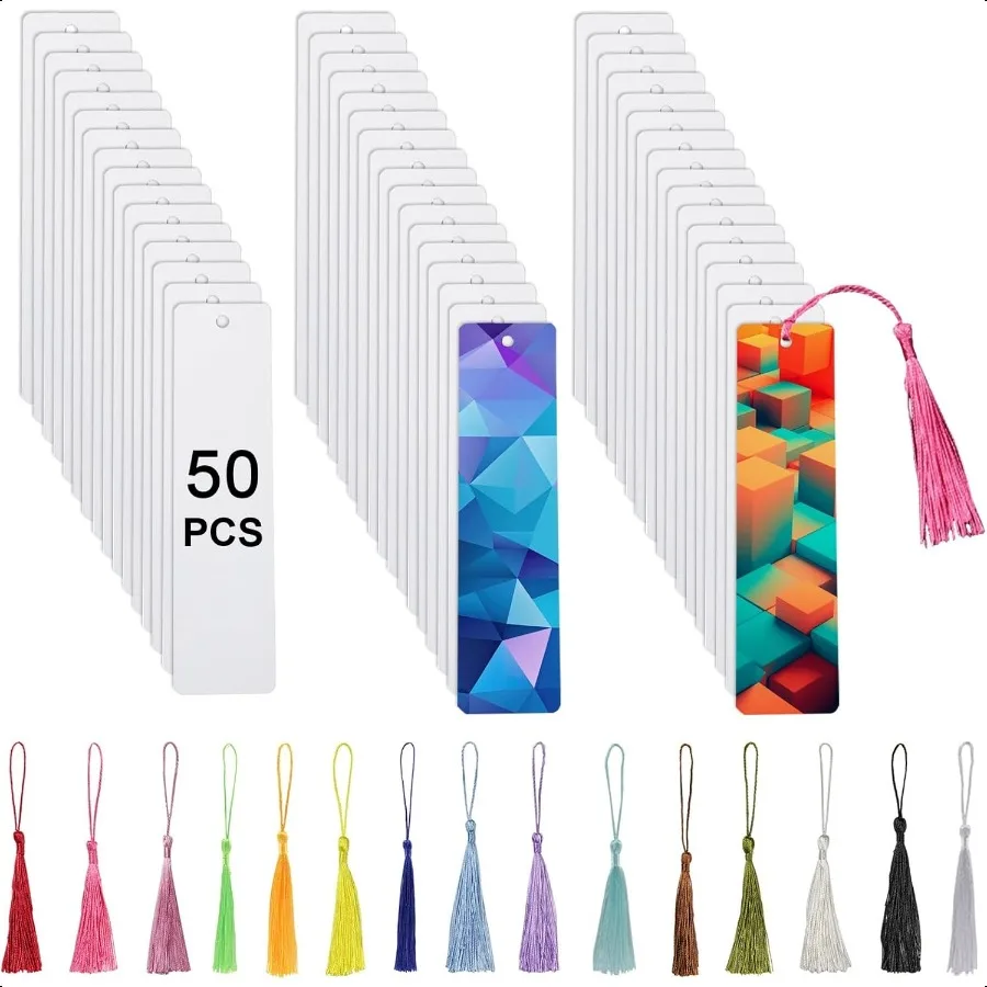 

50 Pcs Sublimation Bookmark Blank Heat Transfer Aluminum Metal Bookmarks Bulk DIY Bookmarks with Hole and Colorful Tassels for