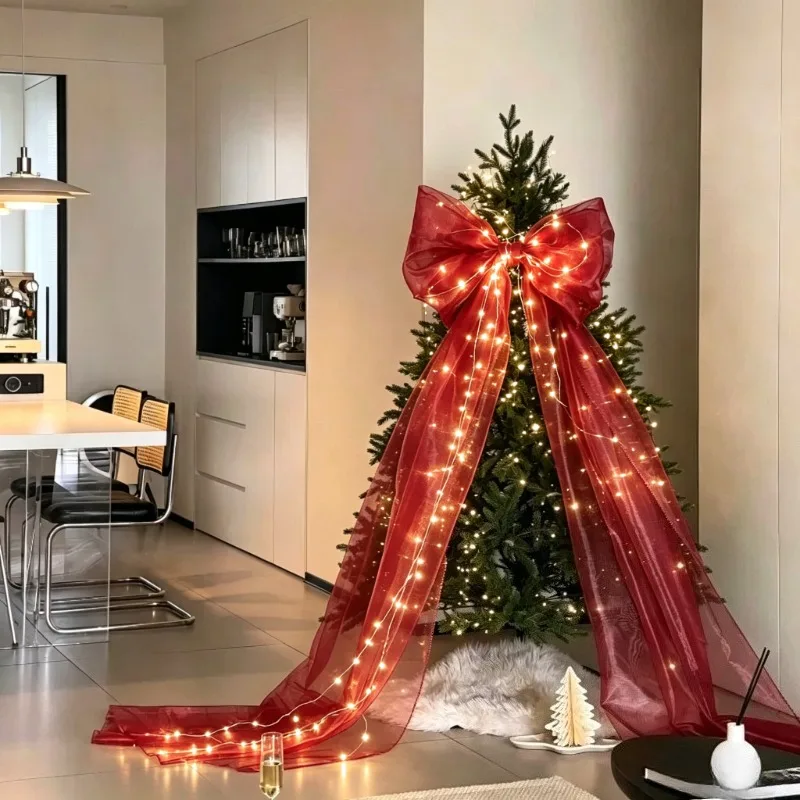 Glowing Pink/White Giant Bows Pendant for Christmas Tree Home Door Window Corridor Sparkly Organza Bowknot Hanging Decor Prop