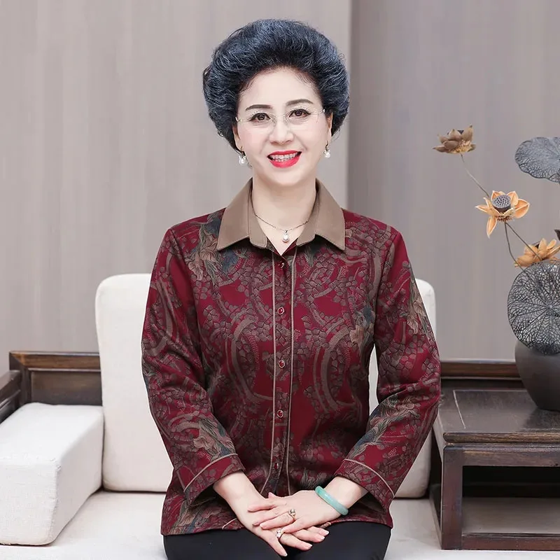 Autumn Women Fashion Large Size 5XL Shirt Coat Korean Lady Cardigan Blouse Top 2027 Middle Aged Mother Loose Shirt Two-piece Set 4