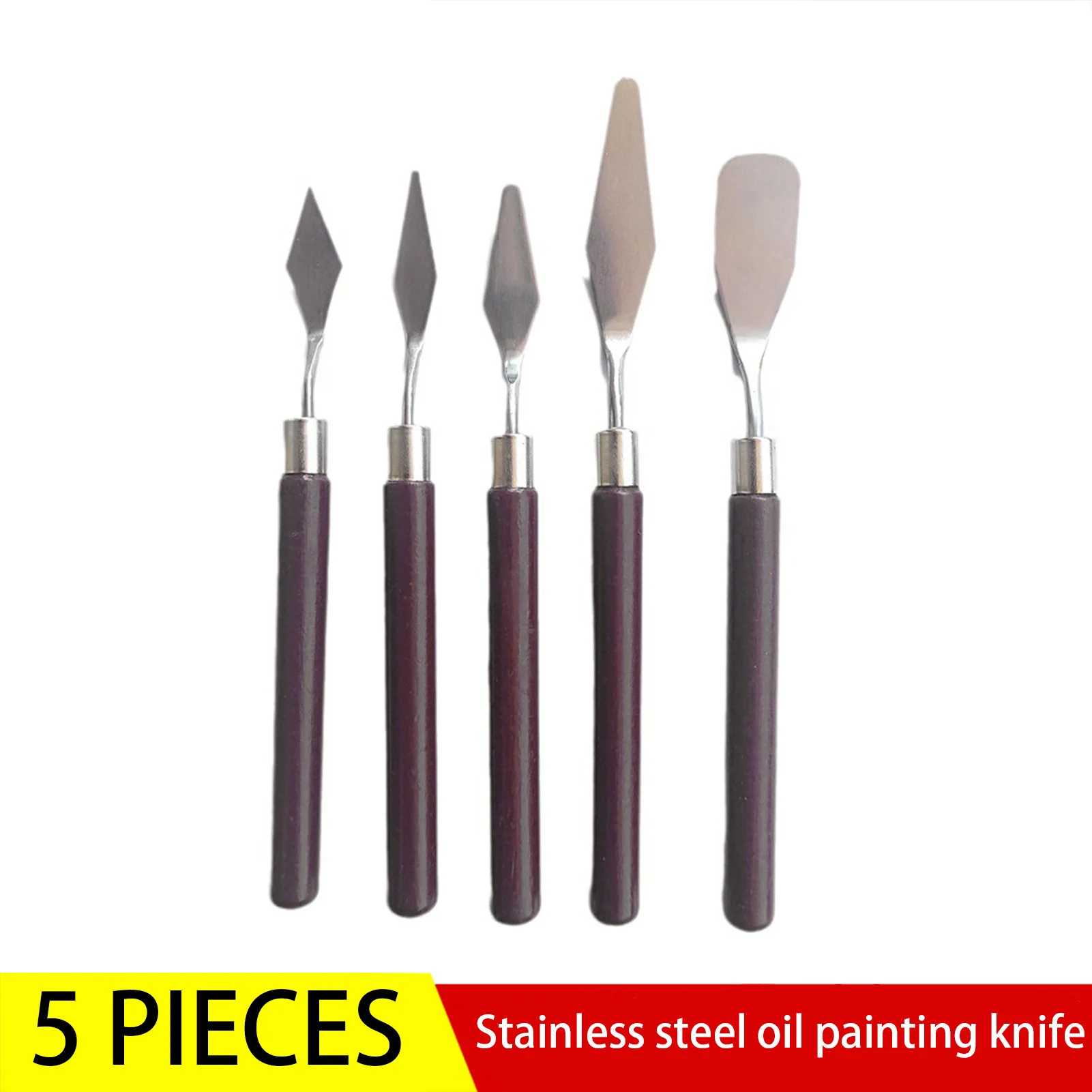 طقم سكاكين لوحة طلاء من الفولاذ المقاوم للصدأ مكون من 5 قطع لطلاء الغواش الزيتي مع أدوات فنية بمقبض خشبي لطلاب الفن