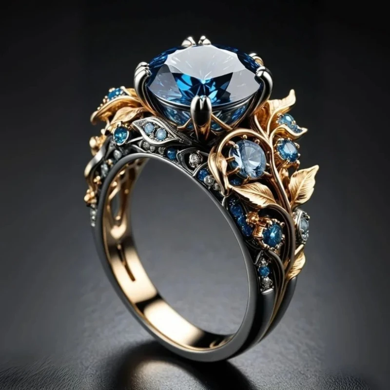 Exquisiter Ring in Blattform mit blauem Zirkonia-Inlay für Frauen, Geburtstag, Feiertage, Jahrestage, Schmuck, Valentinstagsgeschenk