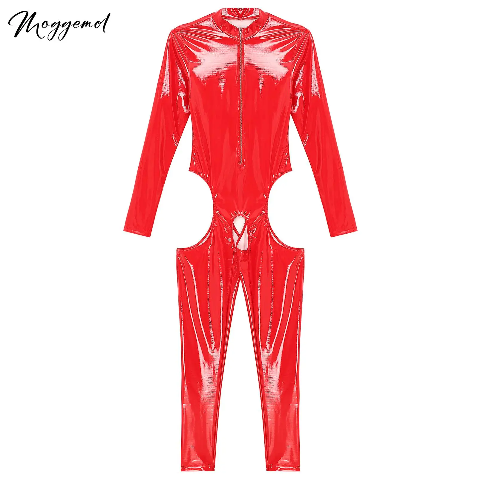 

Womens Sexy Open Crotch Patent Leather Jumpsuit Zipper Stand Collar Crotchless Catsuit Wet Look Long Sleeve Bodysuit for Club