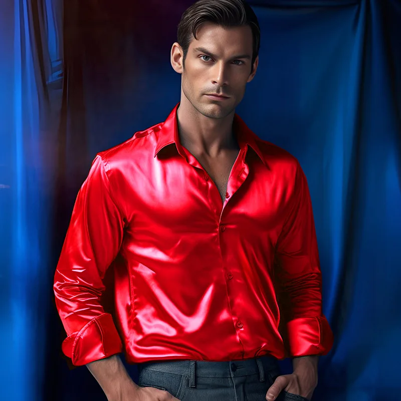 Luxury Shiny Red Silk Satin Shirt Men 2023 Autumn New Slim Fit Long Sleeve Button Up Dress Shirts 70s Disco Club Tops Blouses