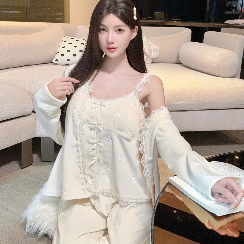 

New Sweet Lace Pajama 3-Piece Women's Long Sleeve Long Pants Home Clothes Set Princess Style Velour Loungewear