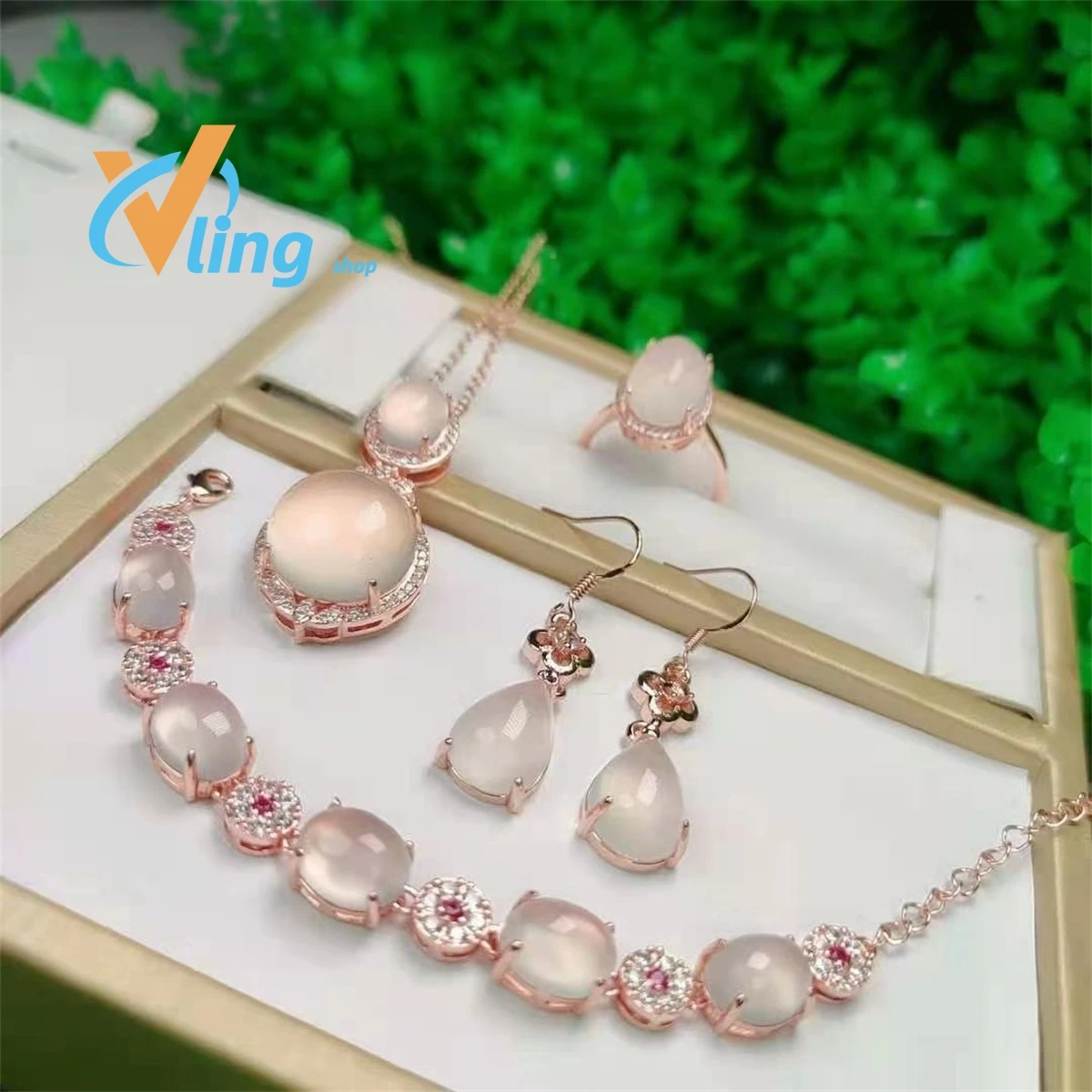 Factory Wholesale Gaobing S925 Silver Inlaid Green Chalcedony Four Piece Jewelry Set  Fashion Necklace Ring Earrings Bracelet