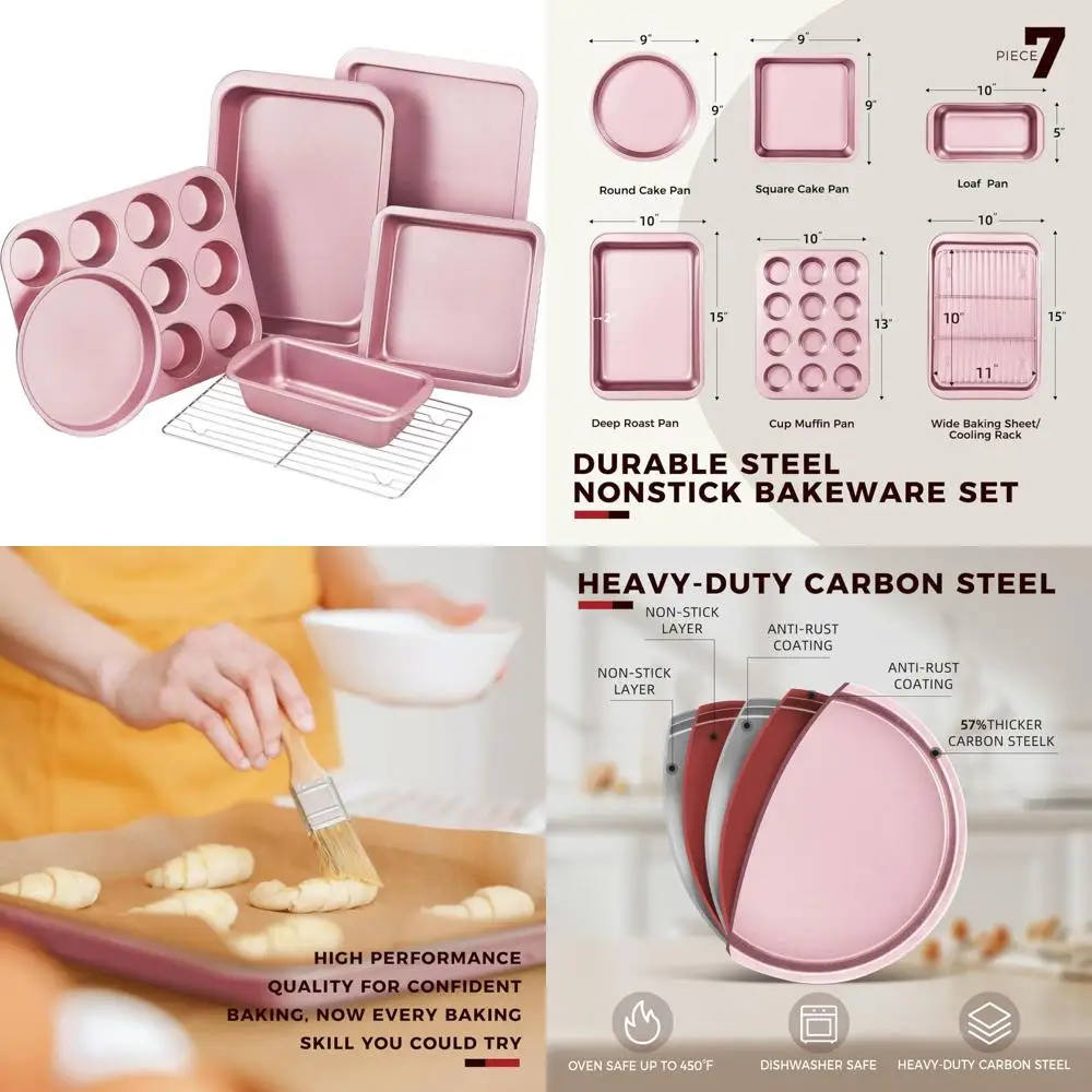 

baking pans sets, nonstick bakeware sets 7-piece with round/square cake pan, loaf pan, muffin pan, cookie sheet, roast pan, coo
