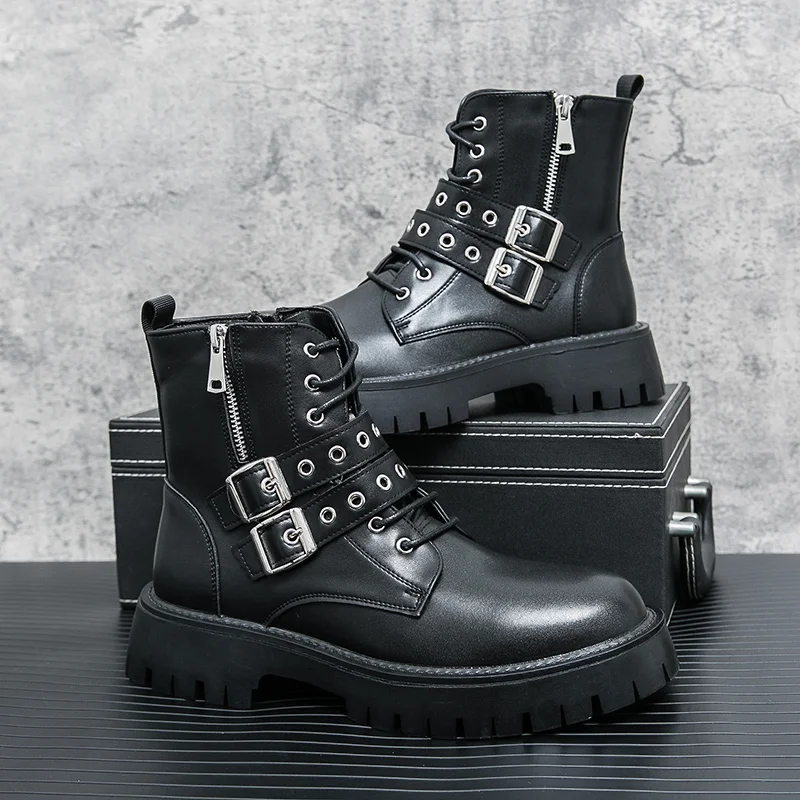 Autumn Winter High Quality Black Men's Boots 2024 Fashion Buckled Comfortable Leather Boots for Men Platform Motorcycle Boot Man