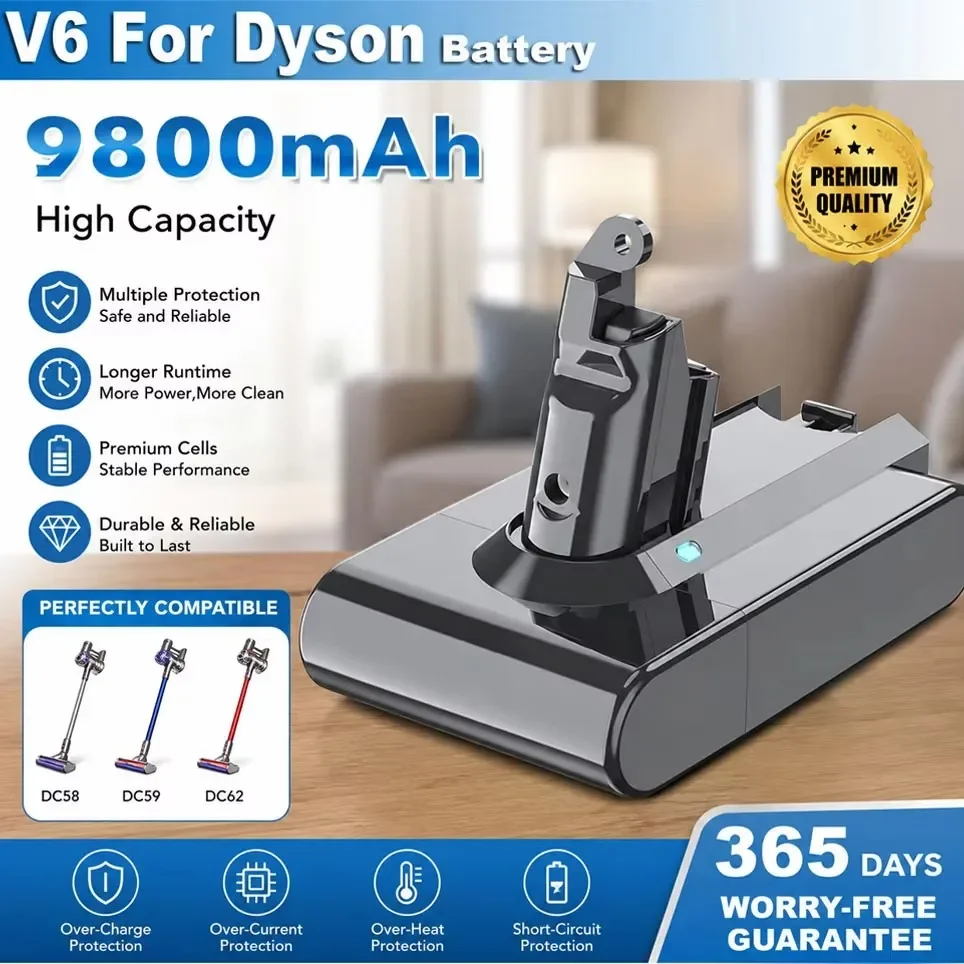 Batteria di ricarica per aspirapolvere Dyson V6 21,6V 9800mAh, batteria di ricambio agli ioni di litio per aspirapolvere Dyson DC62 DC59 DC58 SV03 SV04 SV09