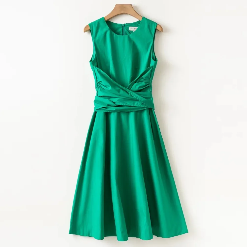 

French Hepburn Style Retro Waist Slimming Sleeveless Green Orange Khaki Fit Flare Midi Dress Women Summer