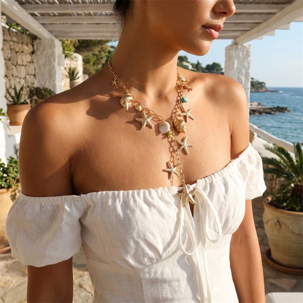 Design Sense Metall-Seestern-Halskette mit langen Quasten für Damen, Boho Sommer Muschel-Anhänger Halskette, Urlaubs- und Reise-Schmuck – Detail 3