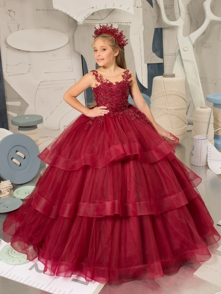 Burgundy Flower Girl Dresses Tulle Puffy Appliques Tiered With Tailing  Sleeveless For Wedding Birthday Banquet Princess Gowns