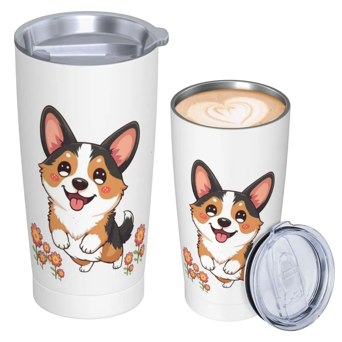 Kawaii Tricolor Corgi In The Garden Stainless Steel Tumbler Vacuum Insulated Mug Thermal Cold Cup Straws With Lid 20oz