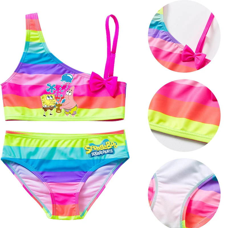 

SpongeBobs Girl Swimsuit Summer Beachwear Bathing with Bow Girls 2-Piece Tankini Suits Colorful Swim Clothing 3-12Y