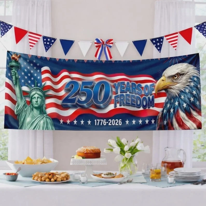 America 250th Anniversary Banner, Personalized USA Freedom 1776-2026 Patriotic Backdrop, Strength Honor Sign, 1PC