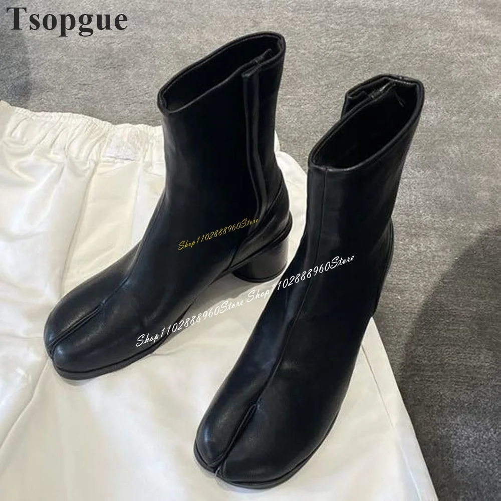 Sapatos de salto grosso de bezerro médio para mulheres, botas tabi britânicas, na moda Split Toe, marrom, tendência, 2024