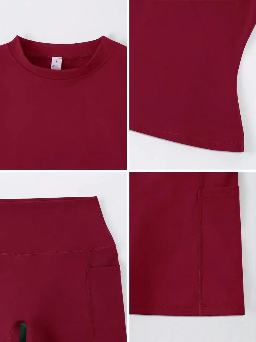 Women's Sweet Sports Short Sleeve High Waist Tummy Control Butt Lifting Shorts Set
