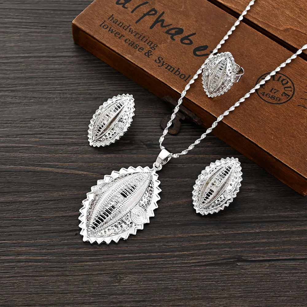 Ethiopian Silver Plated Bridal Jewelry Sets Necklace Earrings Ring Gifts Wedding Jewellery Set For Women