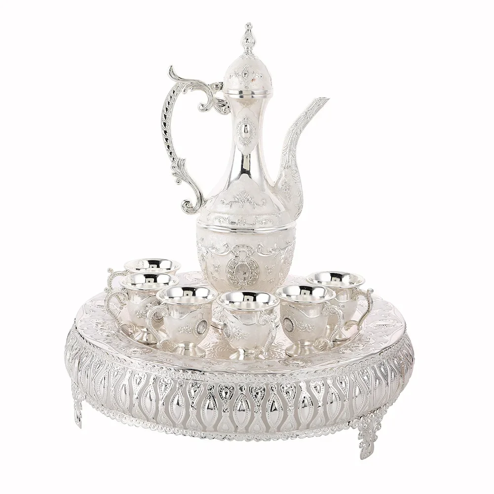 Vintage European Metal Tea Coffee Pot Cup Set Embossed Decorative Tray Home Table Ornament Gift