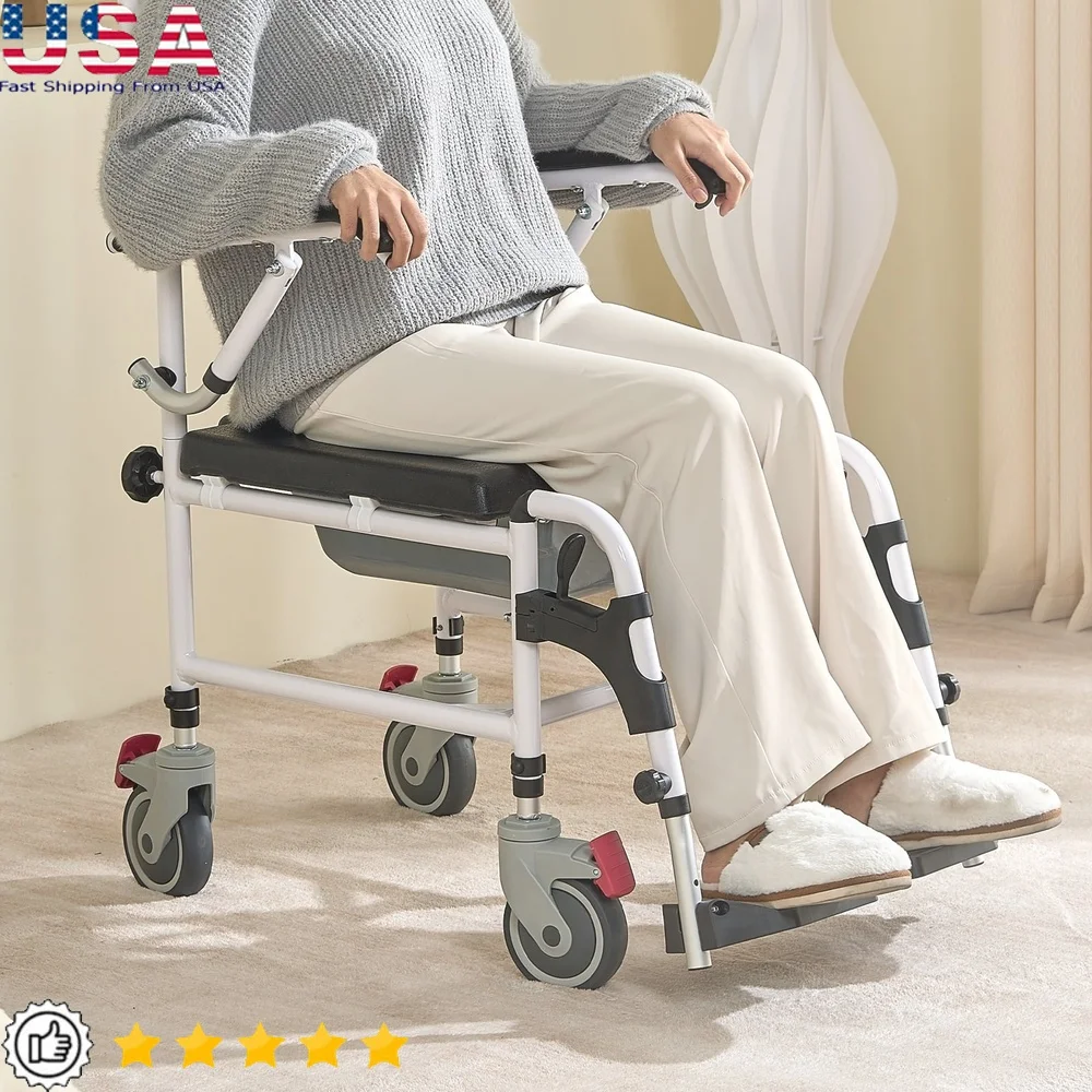 

Shower Commode Wheelchair with Adjustable Height Lockable Wheels Portable Toilet Chair with Flip-Up Armrests and Footrests