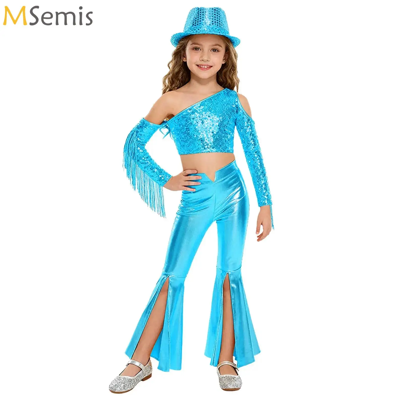

Kids Girls Disco Jazz Dance Costume One Shoulder Sequin Top+Split Bell Bottom Pants+Hat Pageant Set for Belly Dance Performance