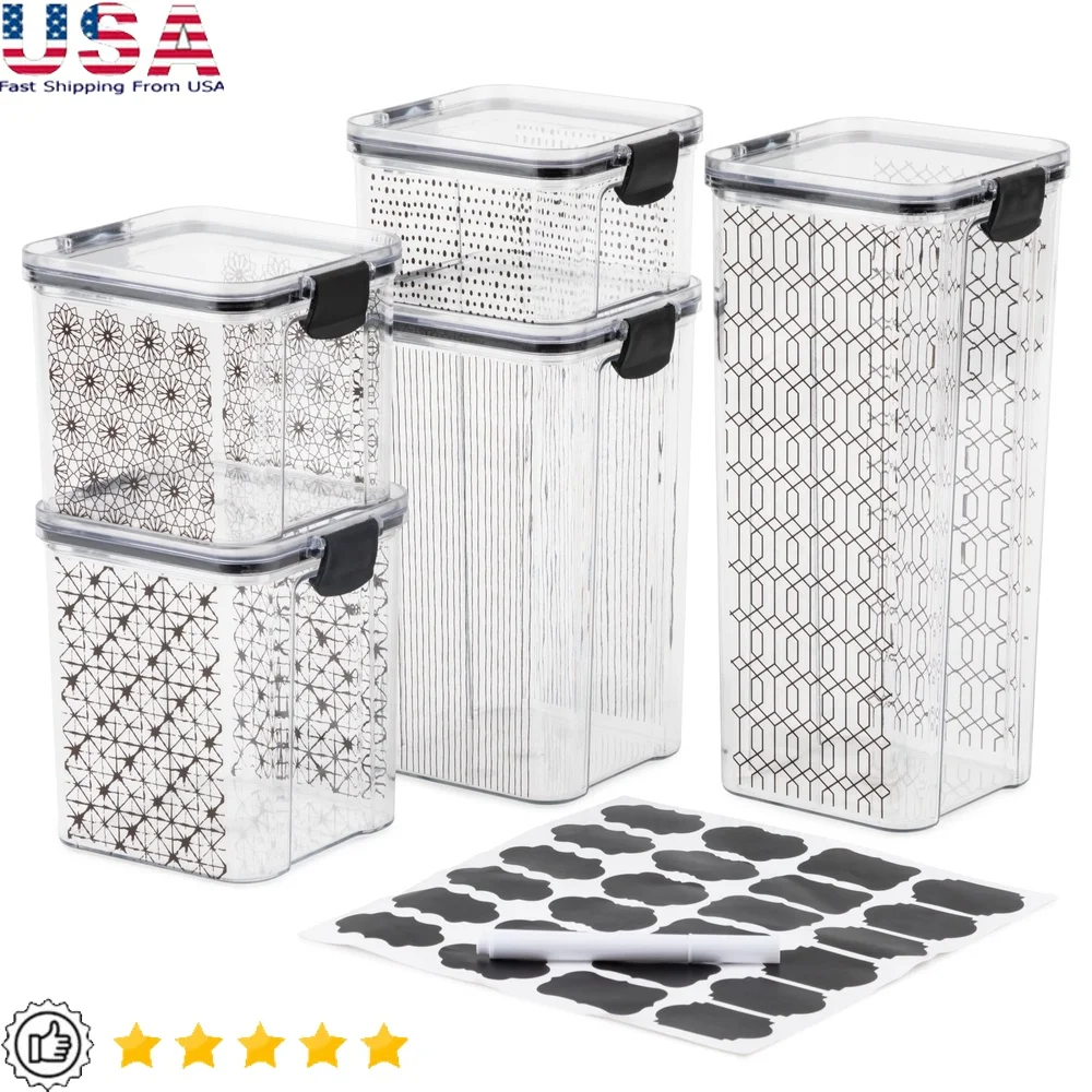 

Airtight Snap-Lock Food Storage Containers Set of 5 with Labels Stylish Clear Design Space-Saving Freezer Safe Kitchen