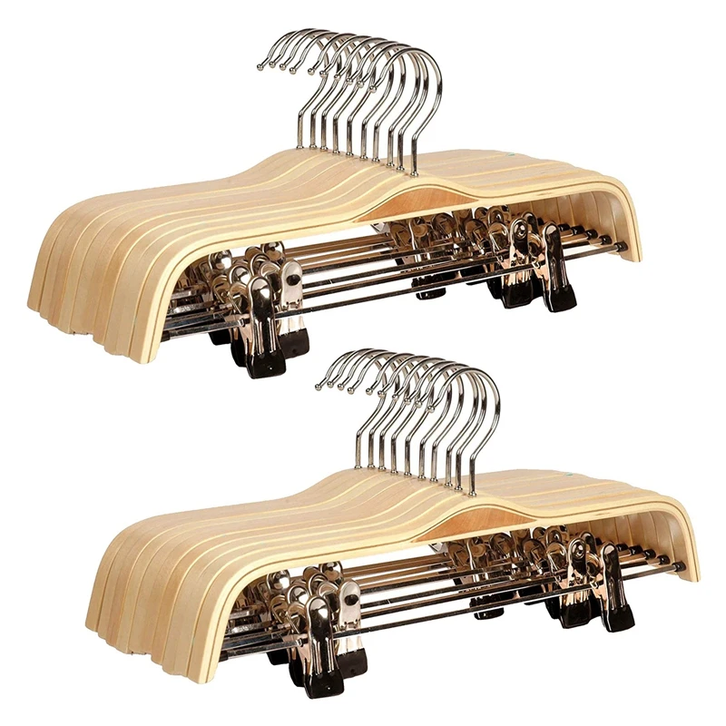 20 Pack Solid Finish Wooden Trousers/Skirt Hangers With Anti-Rust Clips Coat Clothes Hangers