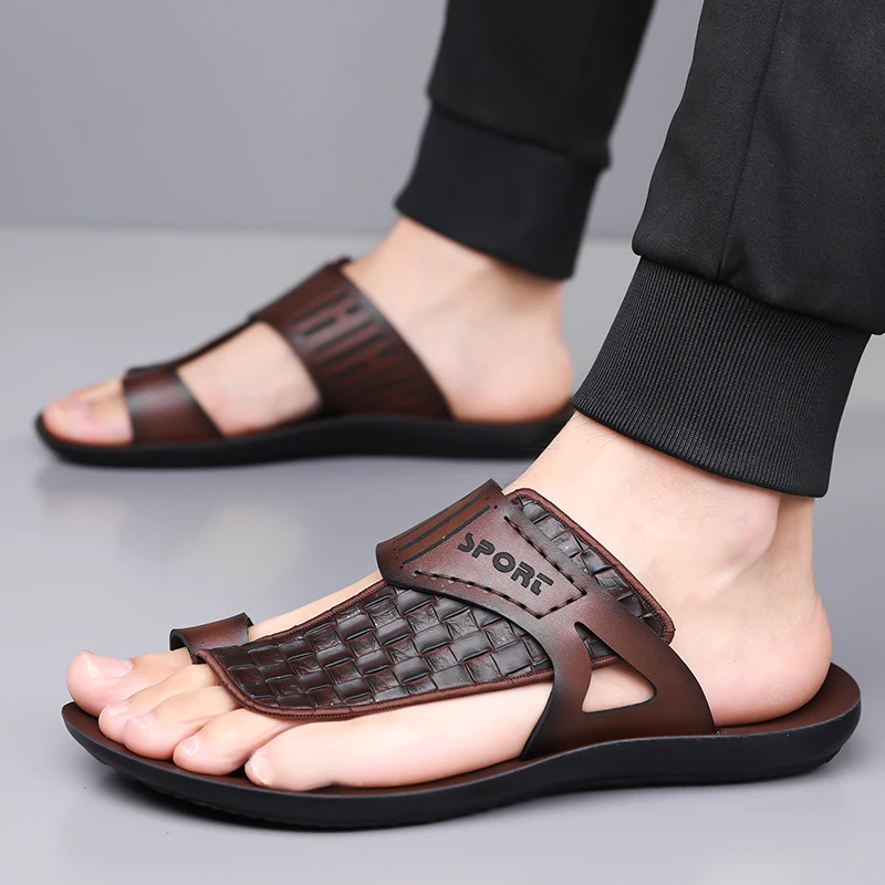 

Summer Men's Fashionable Simple Leather Sandals Large Size38-48 Youth Beach Shoes Slippers Rubber Sole Comfortable Casual Footwe