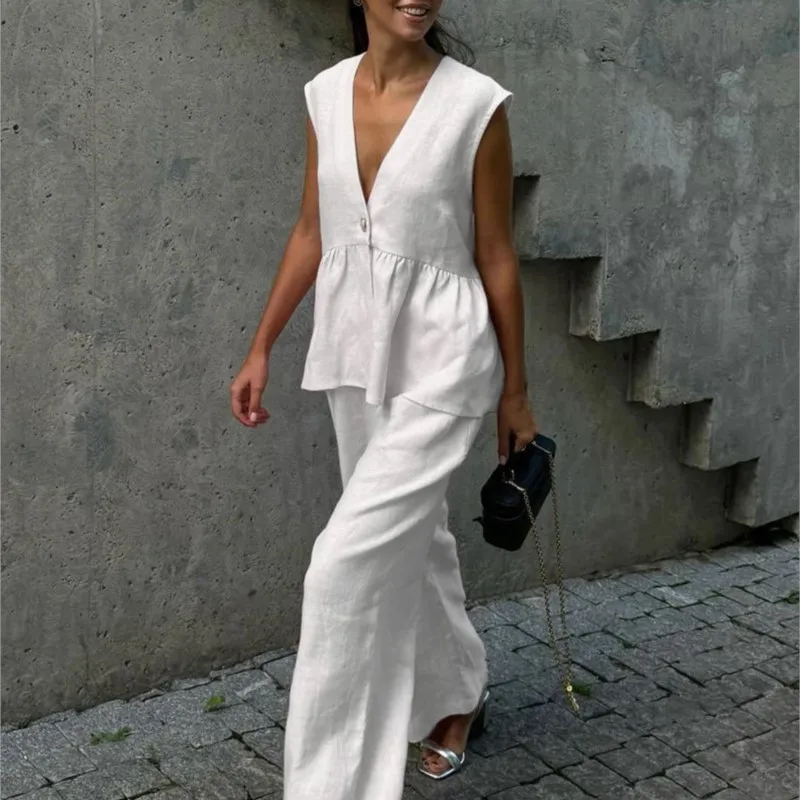Commute Lady Sleeveless V Neck Vest Top Straight Pants Set 2 Piece Sets New Cotton Linen Suit Summer Single Button Loose Outfit