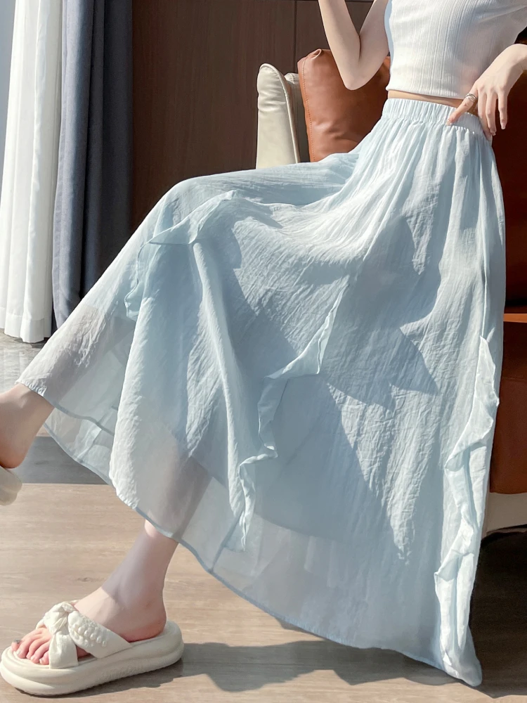 Gentle fungus edge cotton linen half skirt for women in summer hanging umbrella skirt high waist A-line big swing long skirt