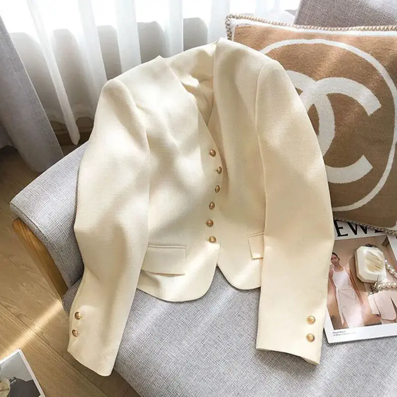 suit jacket women's short autumn new beige minimalist V-neck suit  jacket  blazer set  blazer femenino