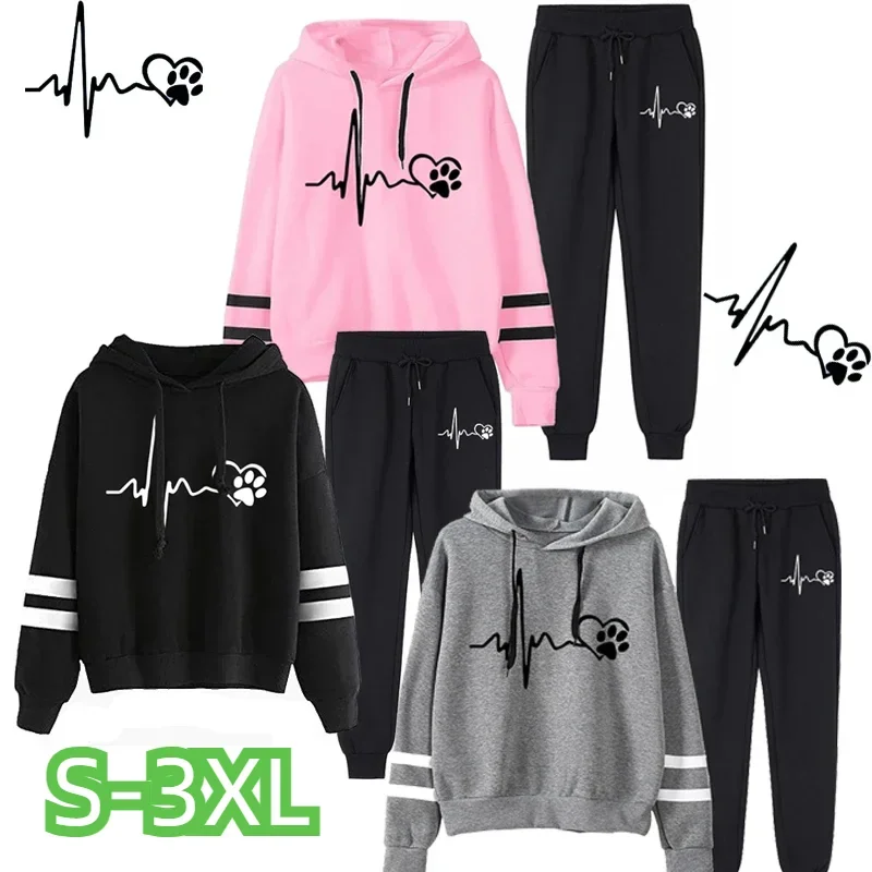 

Women Casual Vintage Tracksuit Hooded Sweatshirt and Sweatpants 2 Pieces Set Female Classic Fashion Streetwear Sports Suits