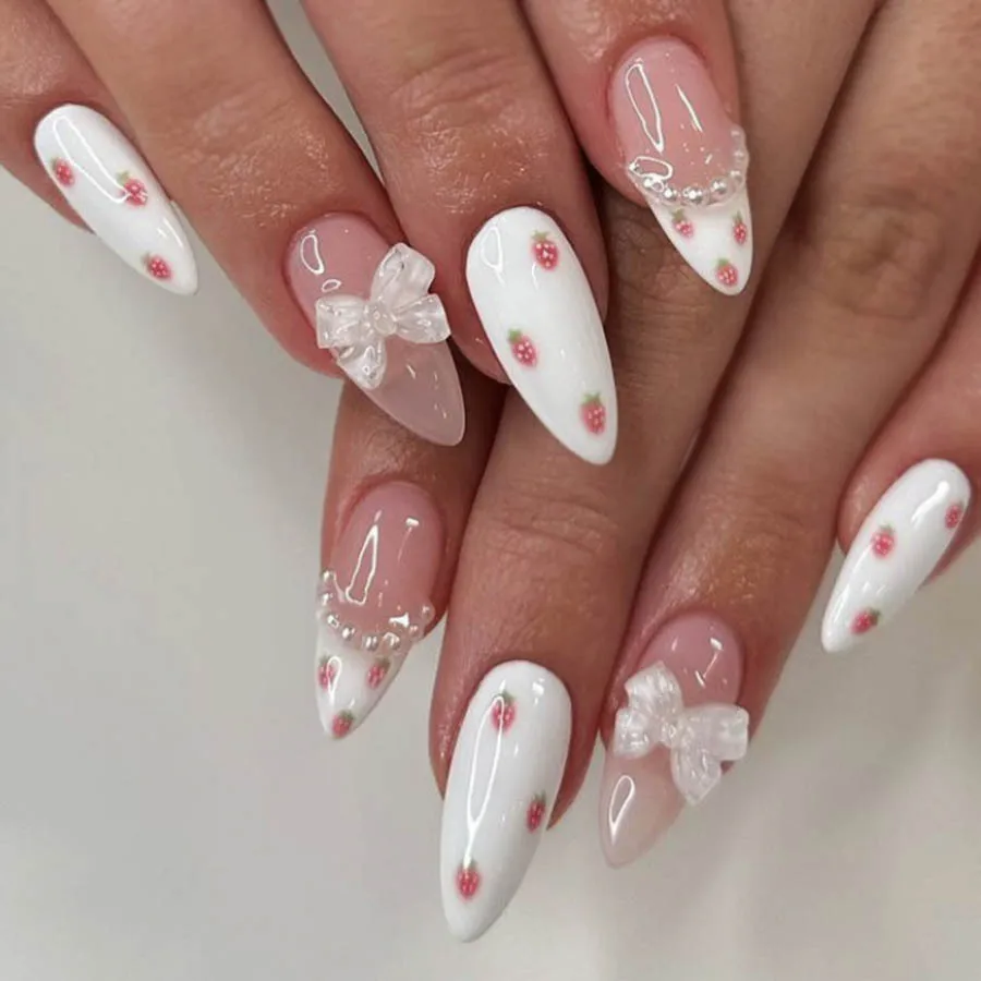 

24PCS Fashionable Sweet Strawberry Patterns Press on Nails 3D Bowknot Pearl French False Nails for Women Simple Almond Fake Nail