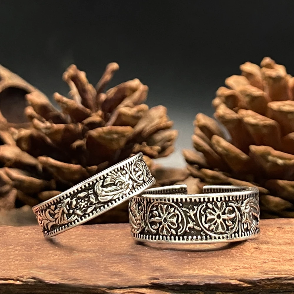 

Antique Lucky Sixpence Coin Couple Ring Vintage Floral Engagement Wedding Anniversary Bands Open Adjustable Lover Jewelry Best