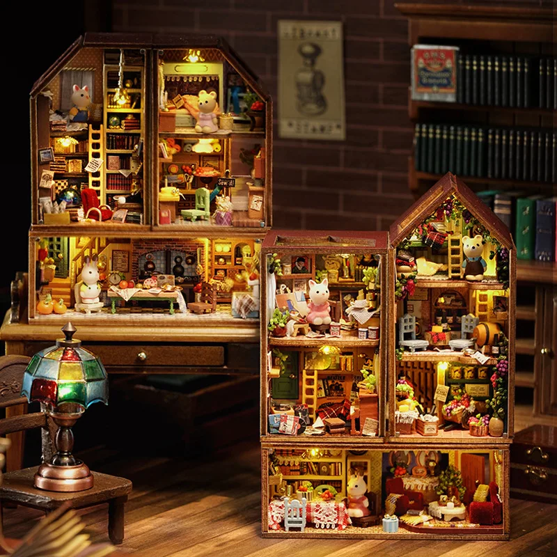 Led Diy Block Town Wooden Doll Houses Miniature Building Kits With Furniture Dollhouse Toys For Girls Birthday Gifts