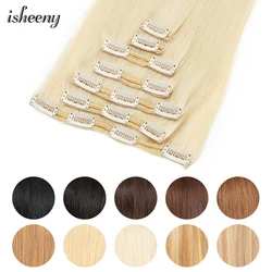 Isheeny Clip-in Human Hair Extensions 7pcs/set Blonde Remy Human Hair Straight 12