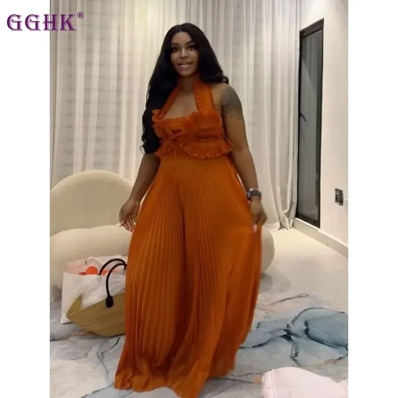 GGHK Sexy Party Women 2-piece Set Solid Color Ruffles Strapless Top High Waist Wide Leg Pants 2025 Spring Fall New Female Sets