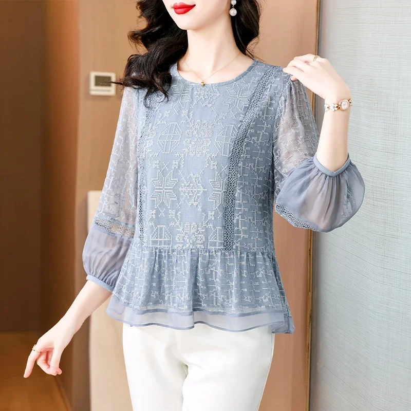 

Новинка 2023 года, блузки с короткими рукавами из натурального шелка с цветочным принтом, женские модные элегантные облегающие топы, летние корейские винтажные повседневные рубашки