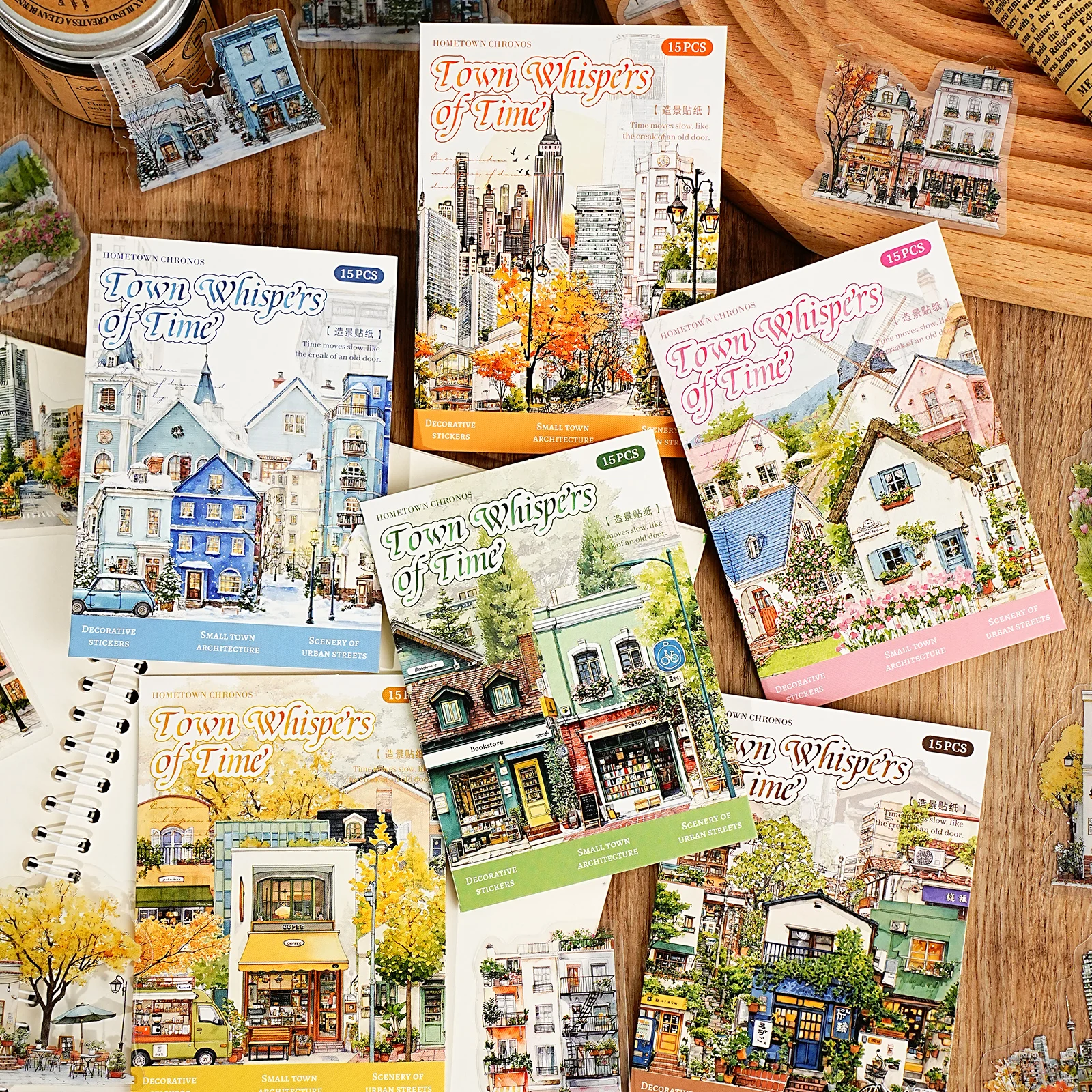 Etori Life Small Town Time Series Retro Town Architecture Pattern Sticker Pack DIY Collage Decoration, Handmade Scrapbook, Travel Stickers, Gift Box Packaging, Gift Paper Bag, Photo Album, Vintage Party, Student Stationery, Children's Stickers