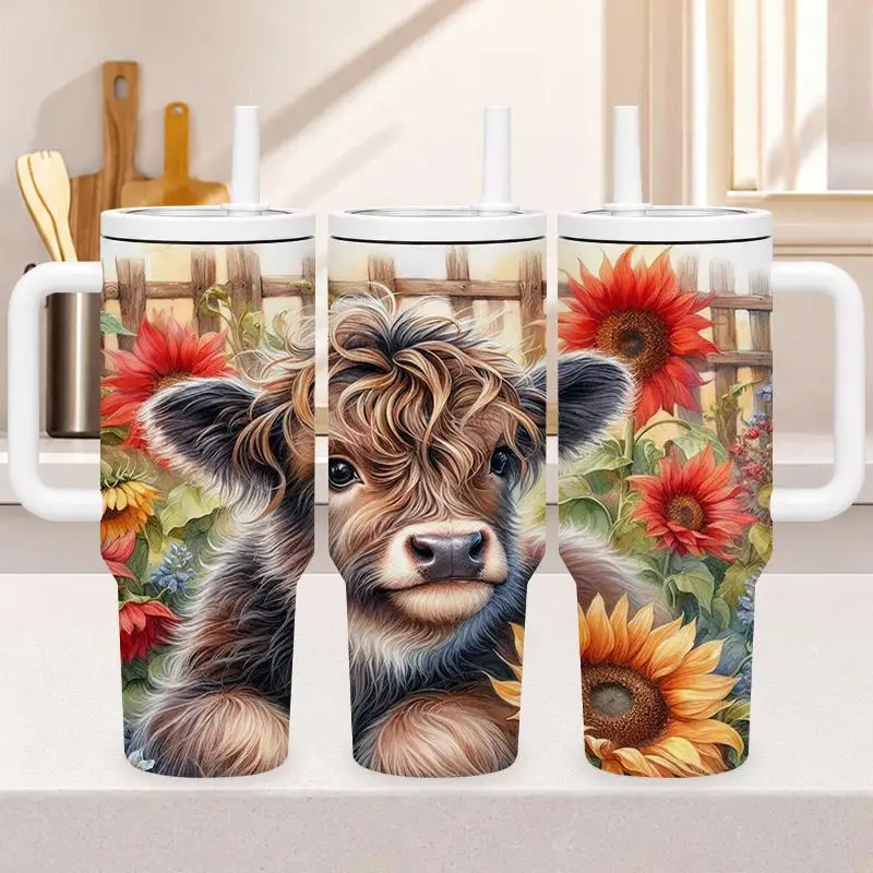 1pc 40oz 304 Stainless Steel Insulated Tumbler with Handle And Straw, Cute Highland Calf Sunflower Floral Pattern Farmhouse Style, for Home Kitchen Office Outdoor Travel, Halloween Christmas Gift