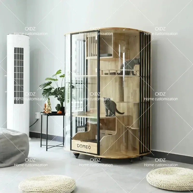 Curved Panoramic Cat Villa Glass Transparent Luxury Solid Wood Cat Cabinet House Coffee Display Cabinet