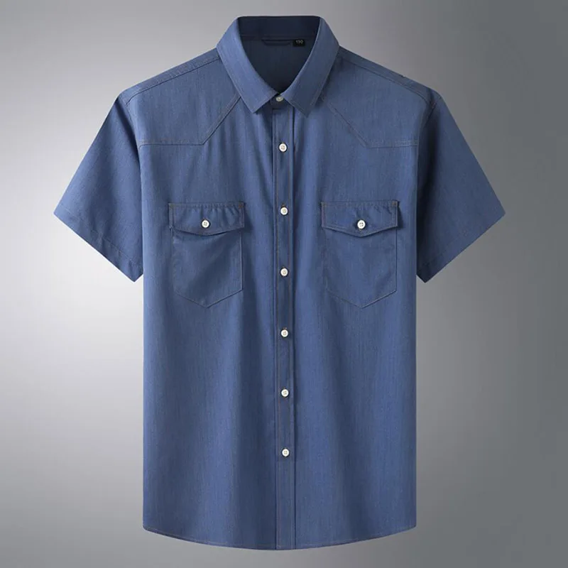 Plus Large Size 13XL 7XL 6XL 4XL Mens Business Casual Short Sleeved Shirt Classic Imitation denim Male Social Dress Shirts Blue