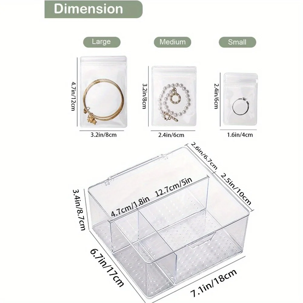 4-in-1 Acrylic Jewelry Organizers and Storage with 60 Portable Anti Tarnish Jewelry Bags, Clear Jewelry Box Travel Jewelry Case