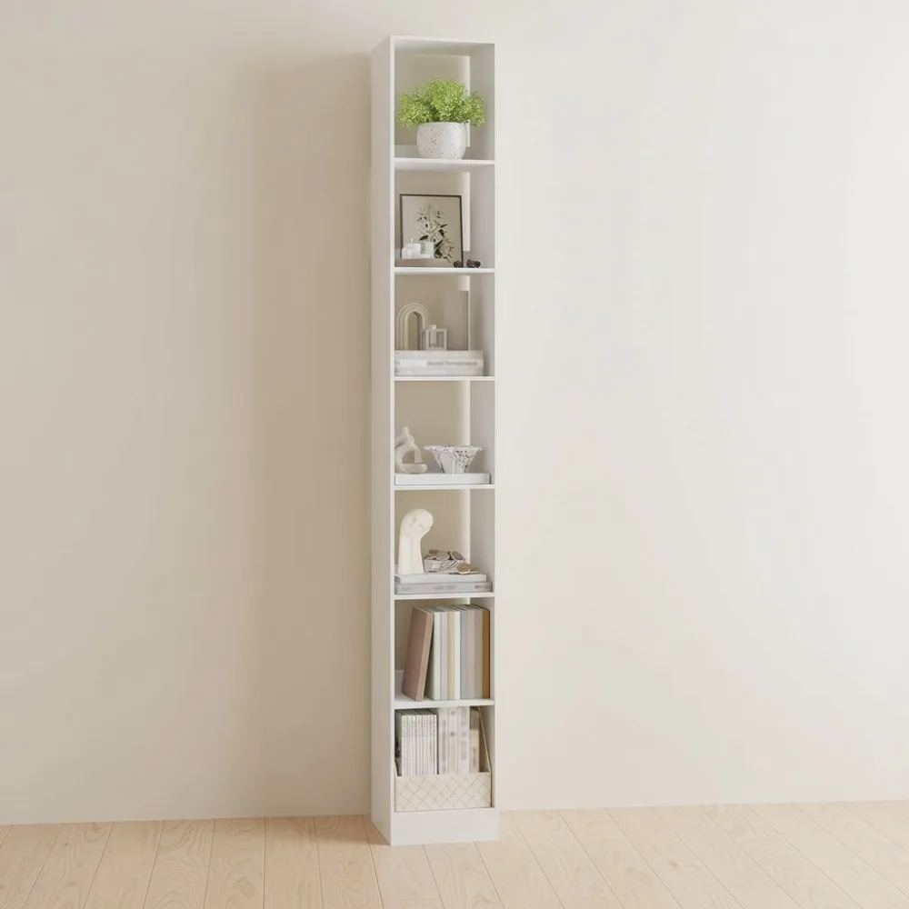 

Высокий узкий книжный шкаф, 7-уровневая регулируемая полка, компактное хранилище для гостиной, офиса, спальни, белый