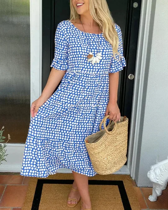 

Ladies Bohemian Polka Dot Print Dress Women Casual Midi Holiday Summer Dress Female A-line Loose Women Beach Dress Vestidos 2024